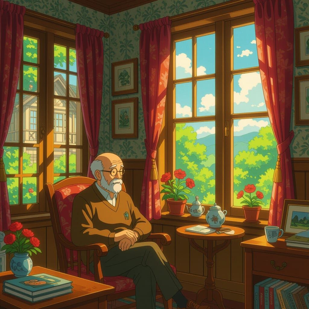 Old Man's Dream in a Cozy Ghibli-Inspired Home