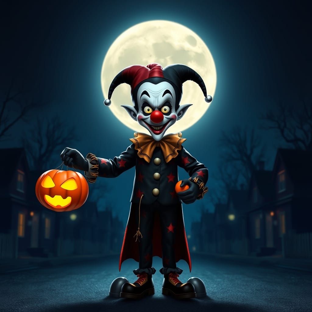 Evil Clown with Jack-o'-Lantern Bag on Halloween Night