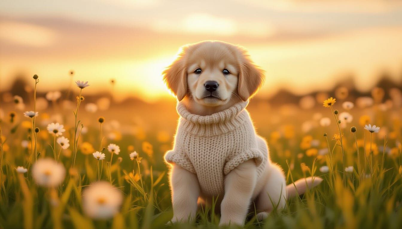 Golden Retriever Puppy in Wildflower Field at Sunset