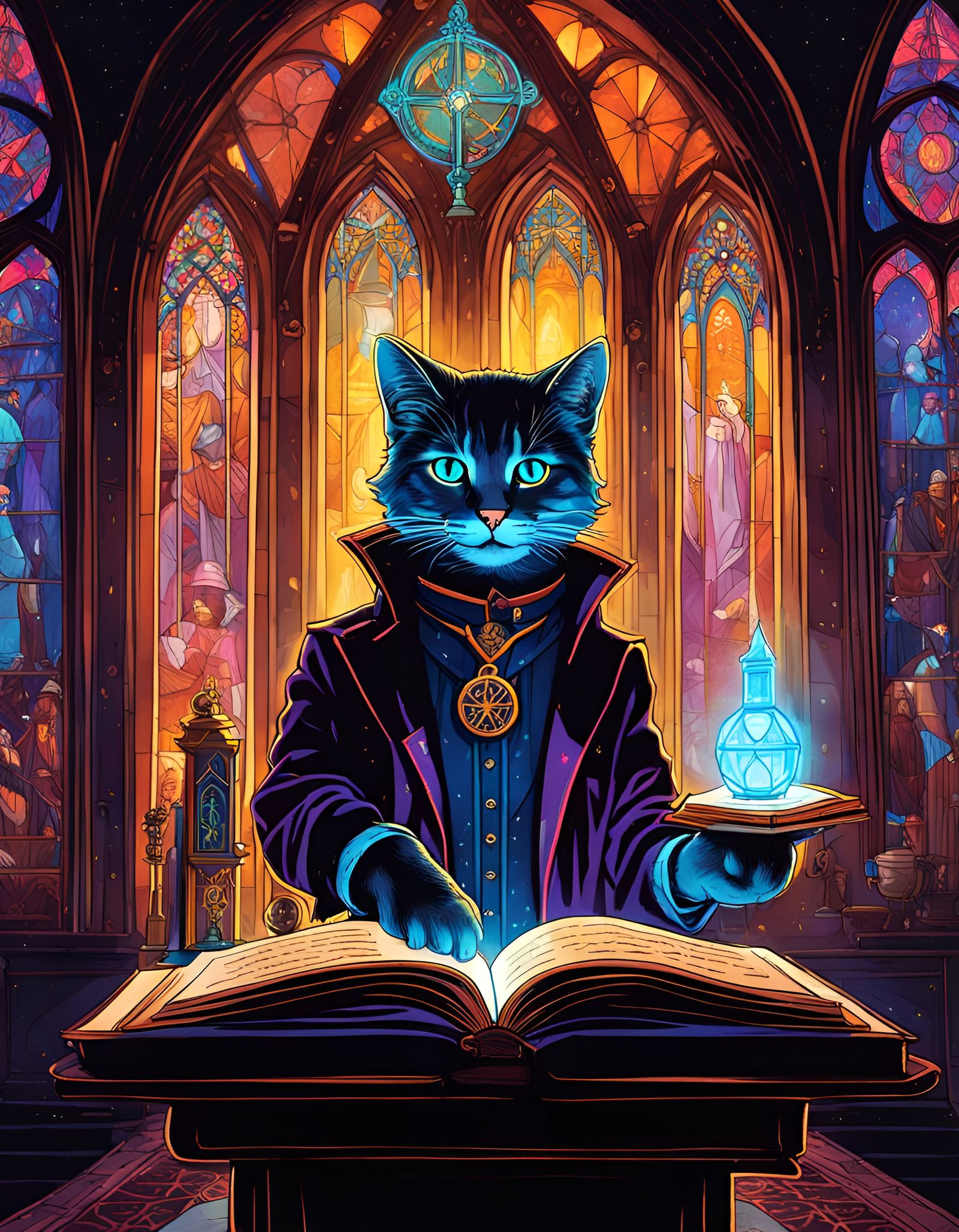 Steampunk Cat Reading in Cathedral