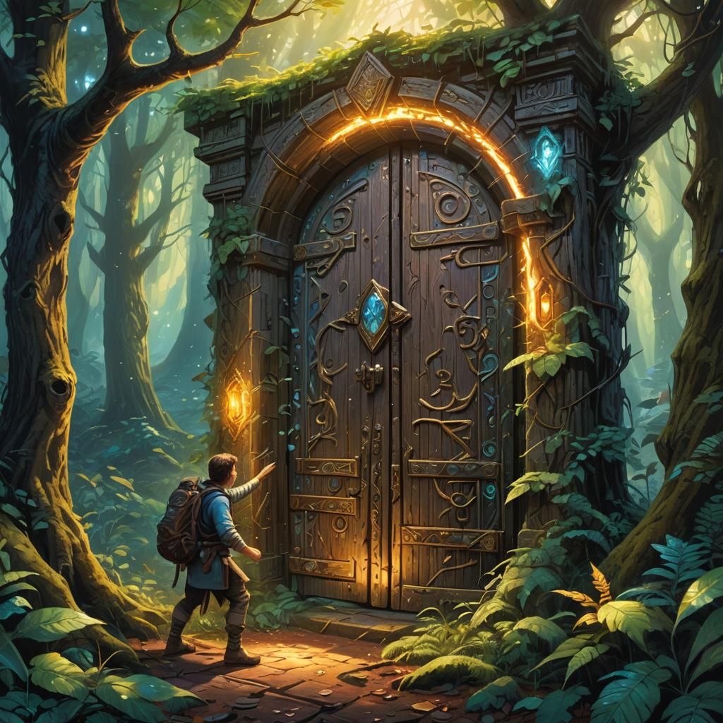 Mystical Forest: Adventurer Uncovers Ancient Door
