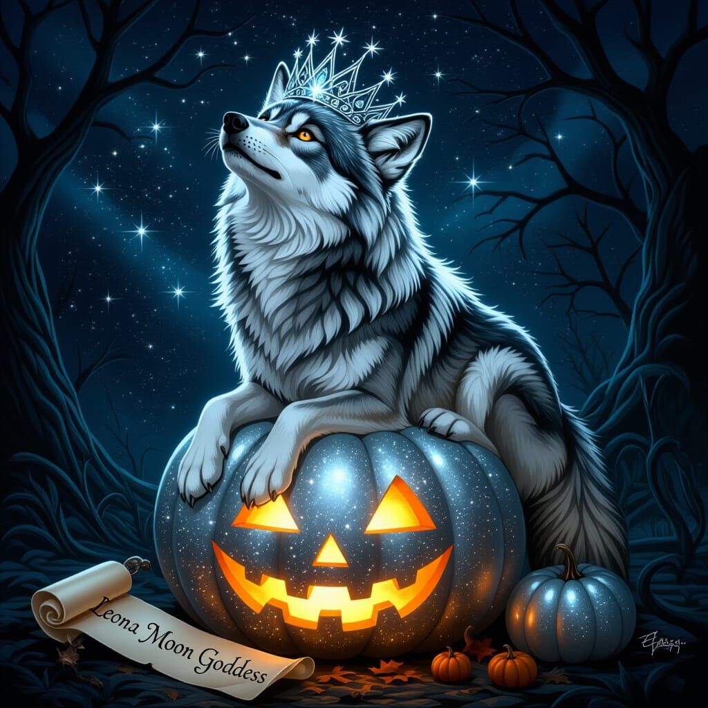 Wolf Goddess Howling on Silver Pumpkin