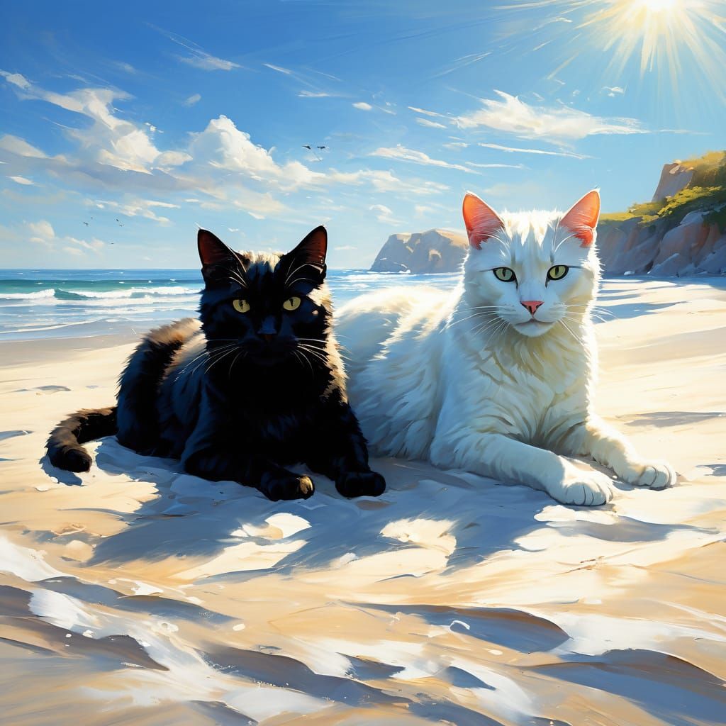 Black and White Cats Relaxing on a Vibrant Beach