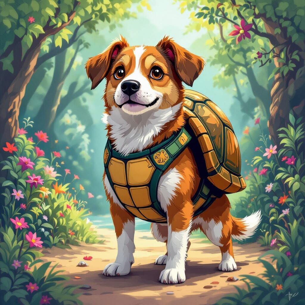 Dog in Turtle Shell Backpack, Studio Ghibli Style