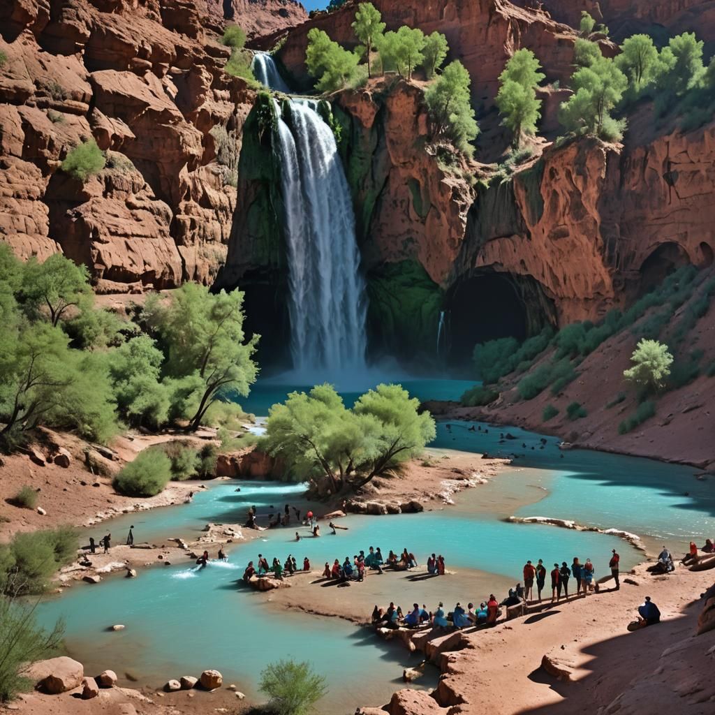 Hikers at Havasupai Falls in Grand Canyon