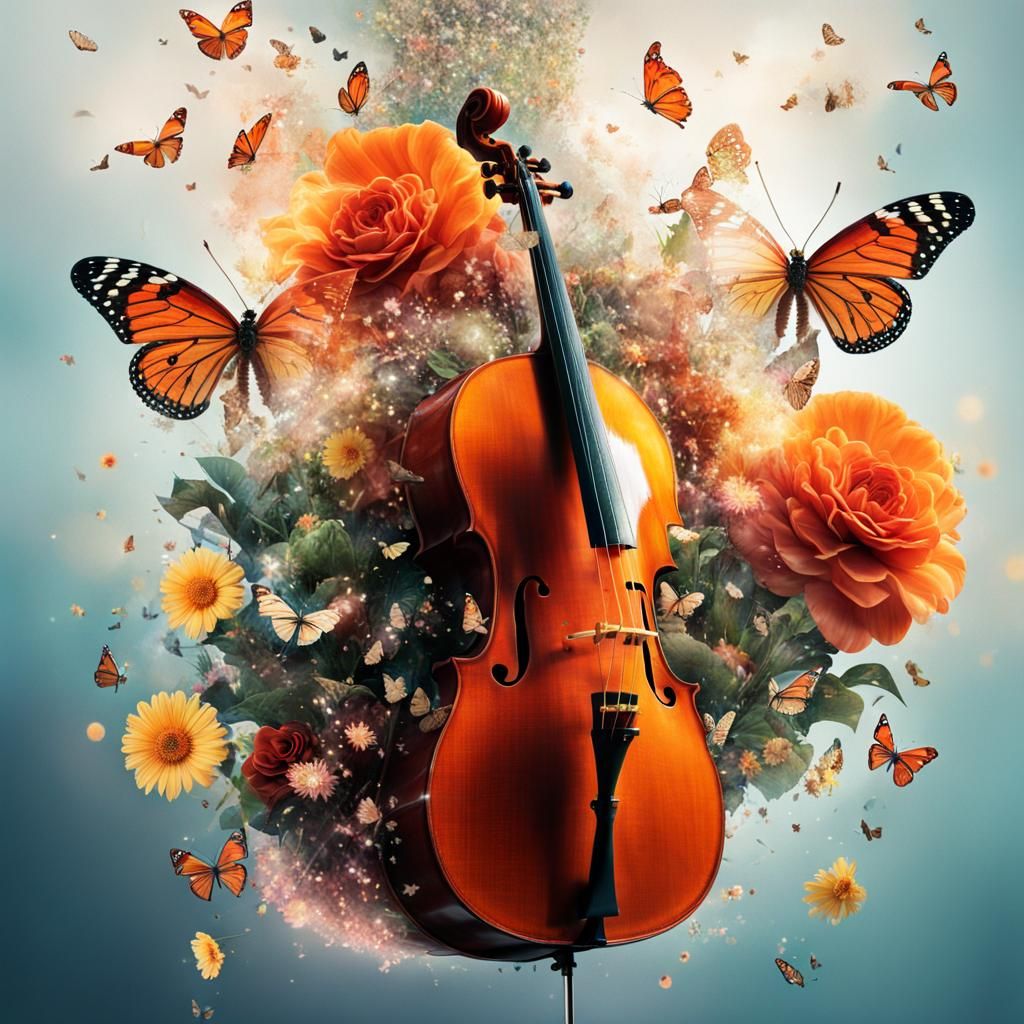 Exploding Cello with Butterflies and Flowers