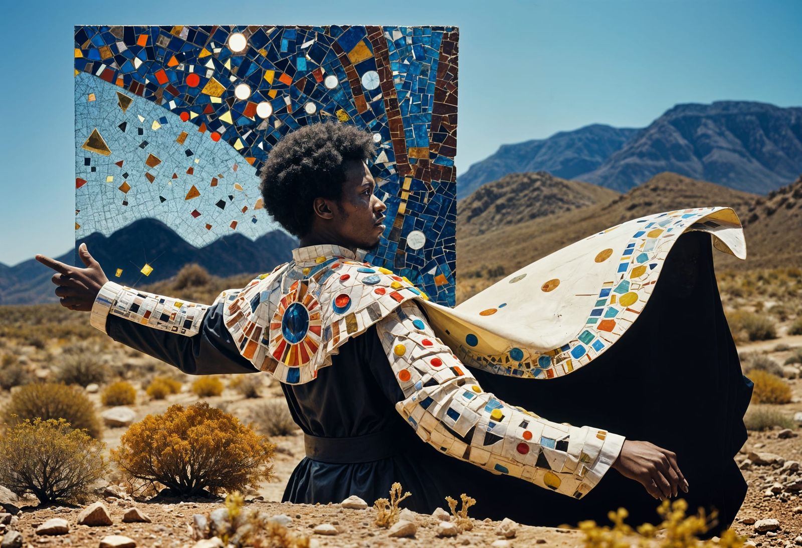 Surrealist Afro Priest in a Barren Landscape