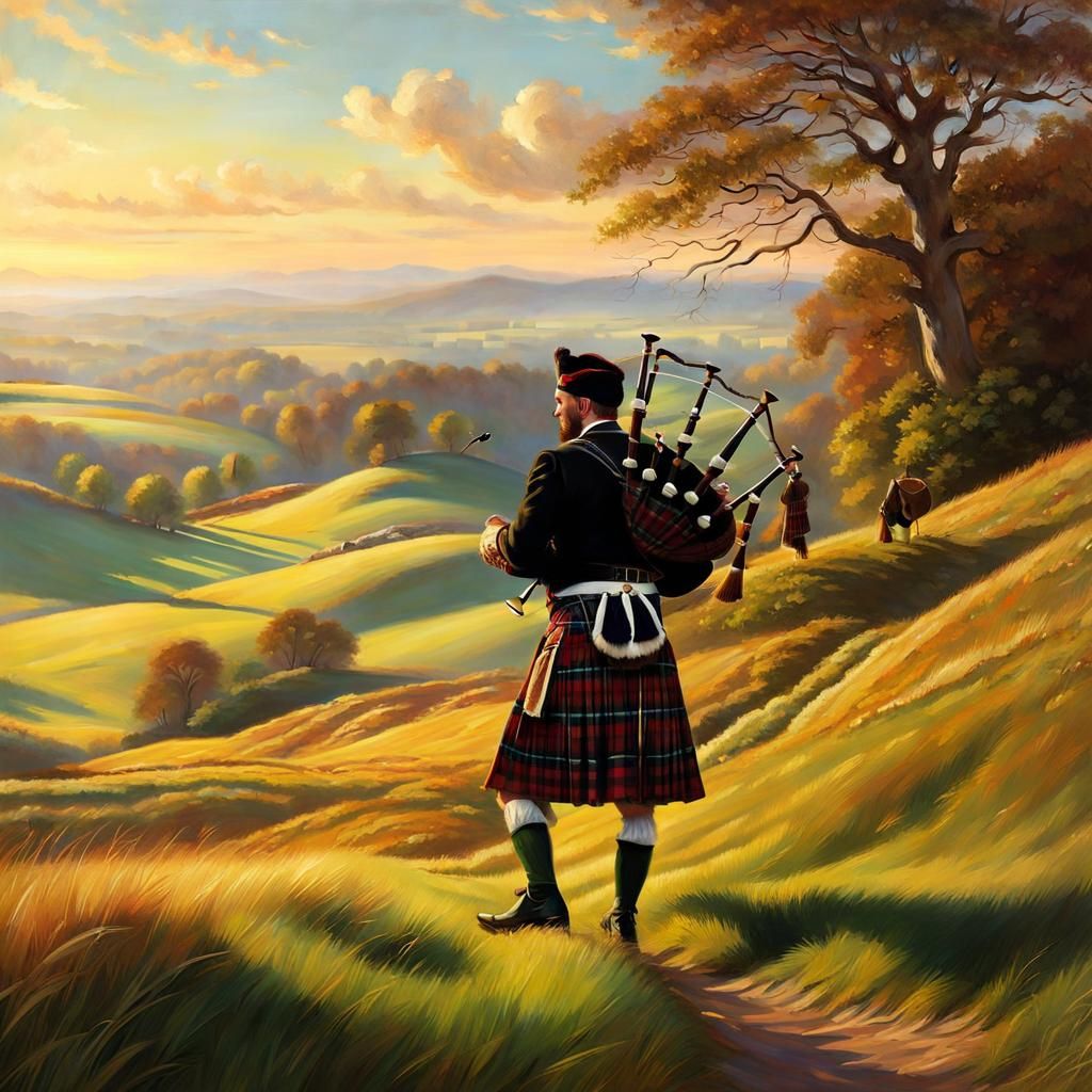 Scottish Highlander Bagpiper on Grassy Hill