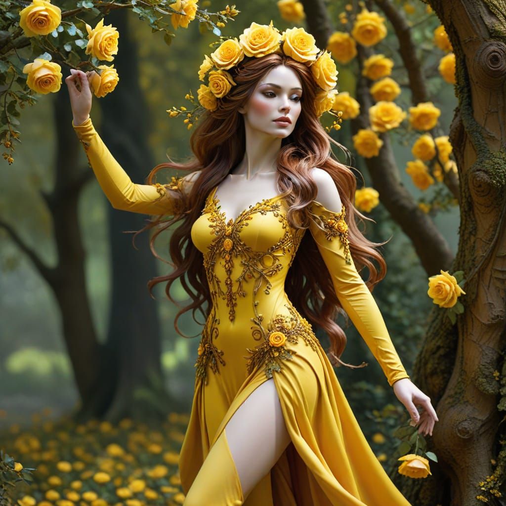 Golden Dryad Emerging from Hickory Tree in Vibrant Yellow