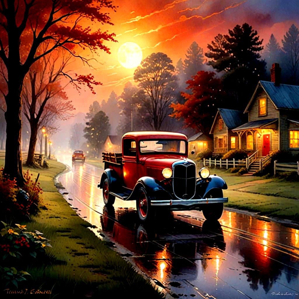 Vintage Ford Pickup Truck Under Moonlight in Watercolor