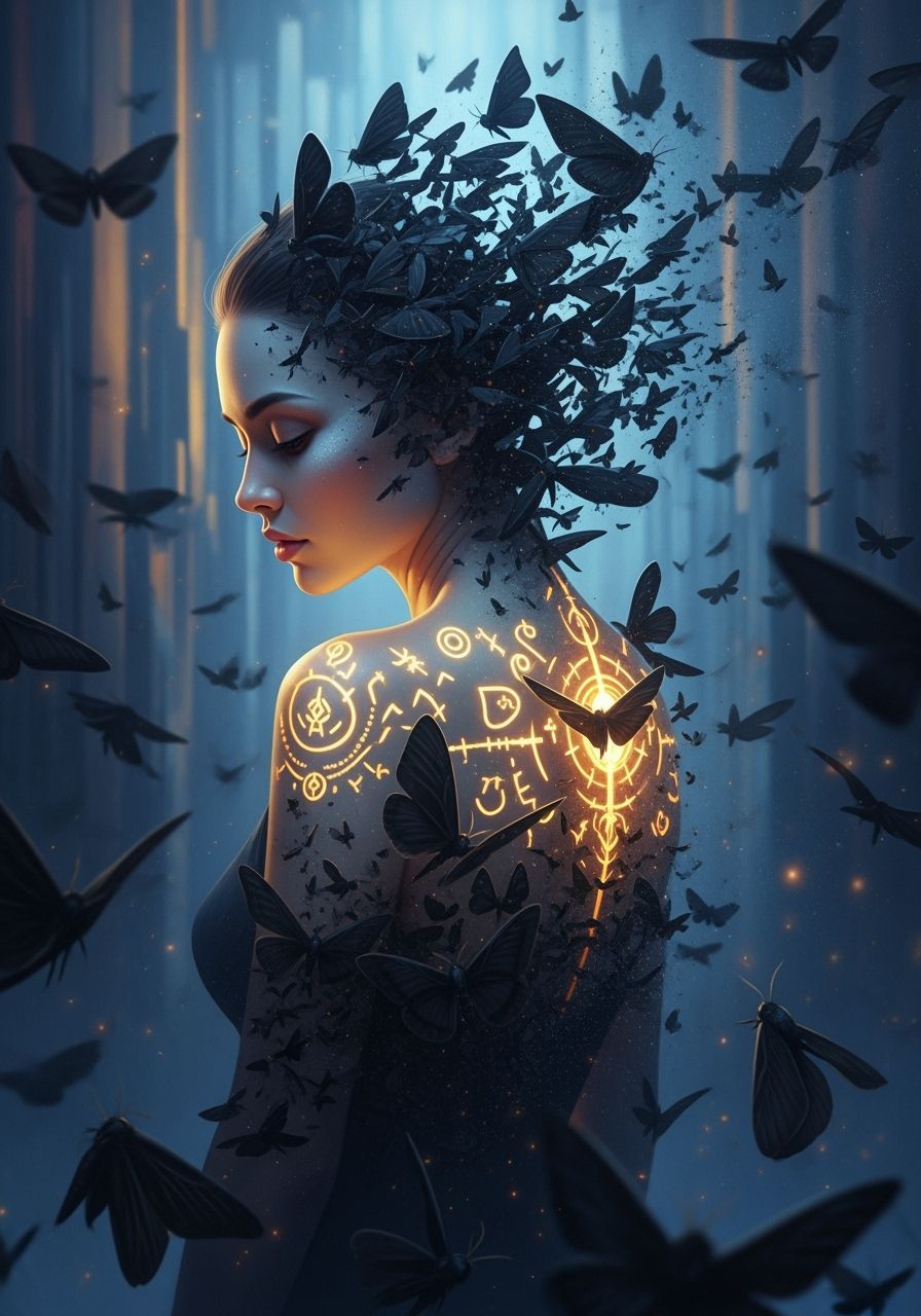 Ethereal Woman Dissolving into Moths: Surreal Dreamscape