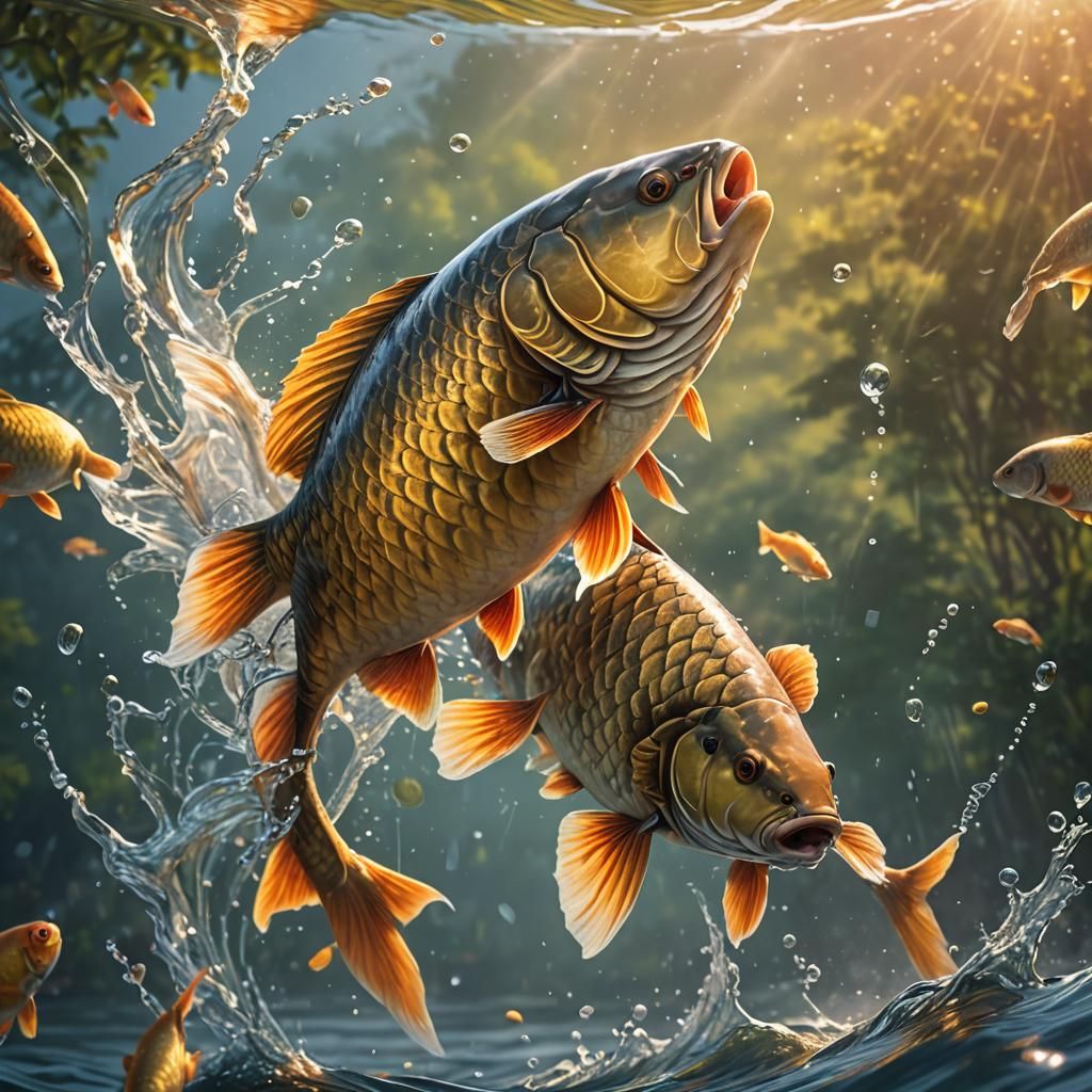 Giant Carp Leaping: Vibrant Digital Art in Golden Light
