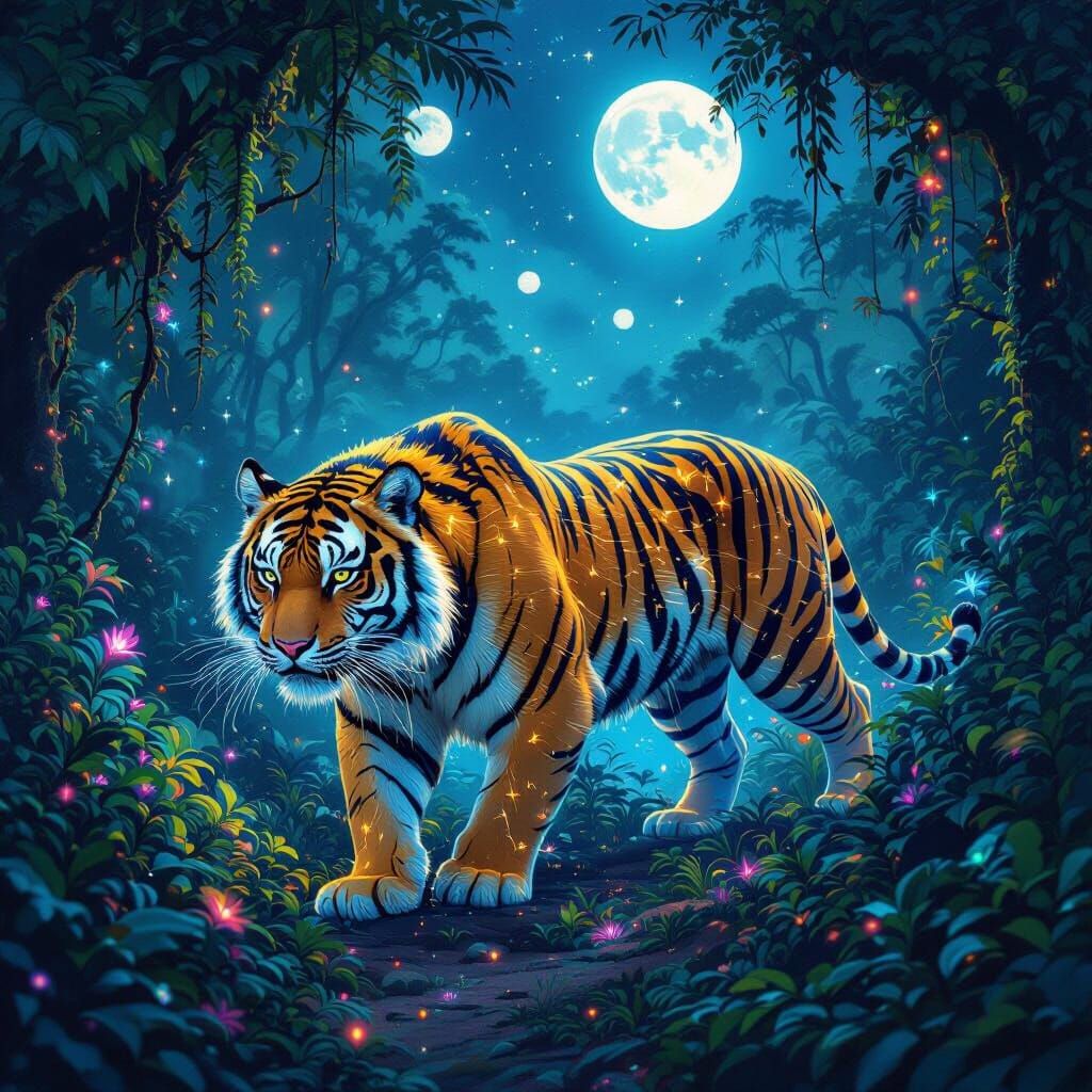 Bioluminescent Constellation Tiger in Alien Jungle