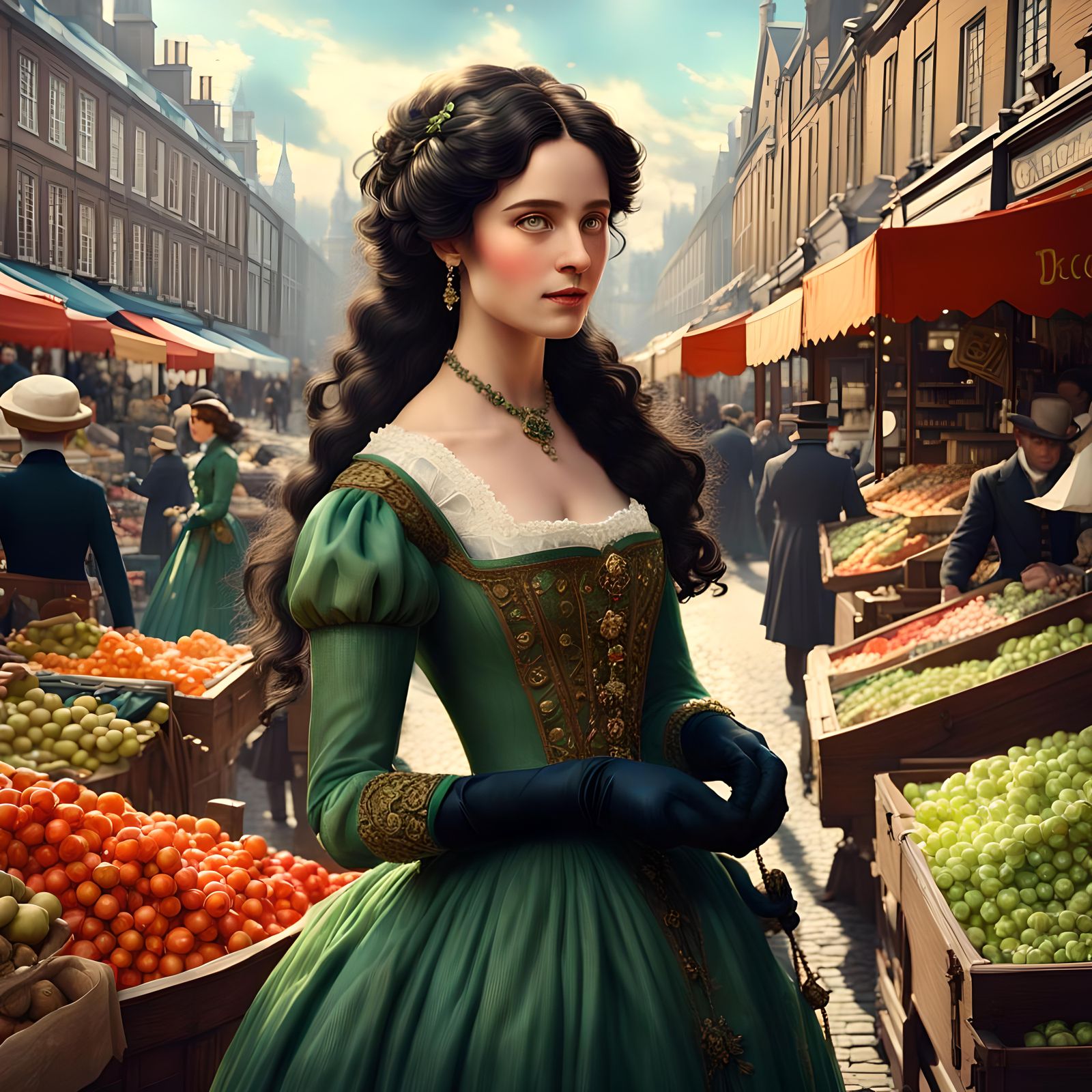 Victorian Woman Walks Through London Market