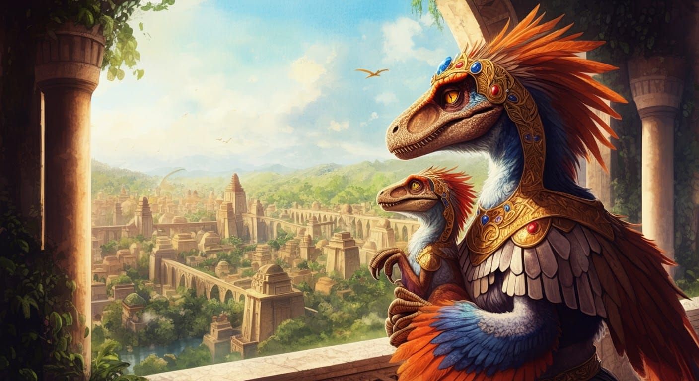 Anime Velociraptor Princess Overlooking Aztec Cityscape