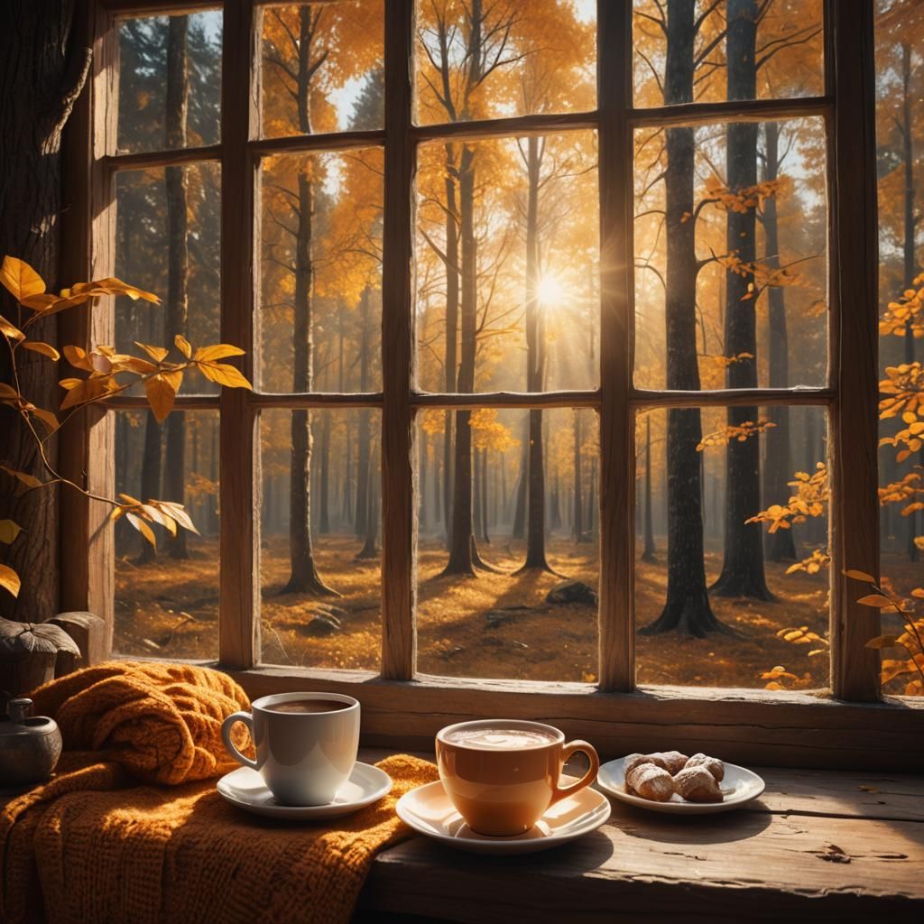 Cozy Room Window View of Autumn Forest