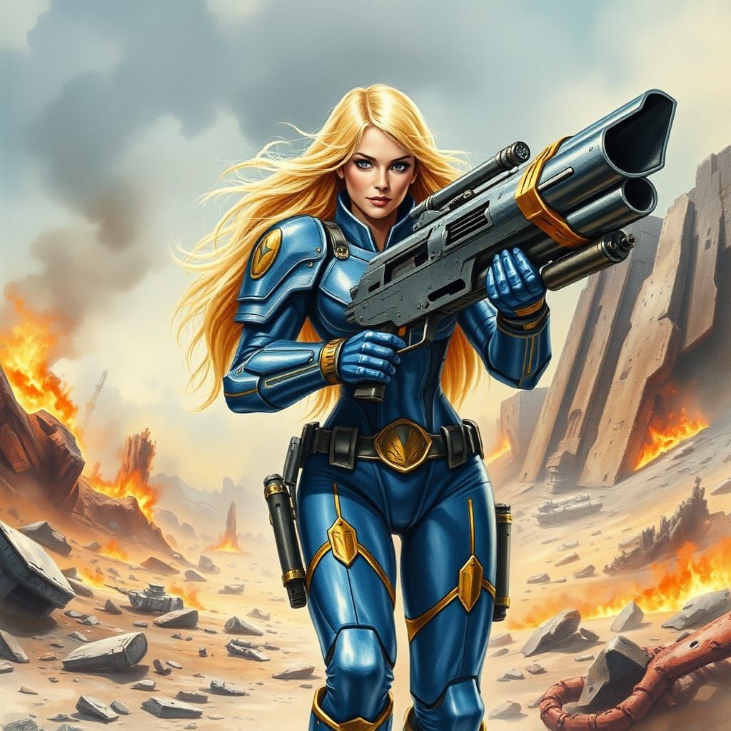 Confident Woman in Power Armor on Alien Planet