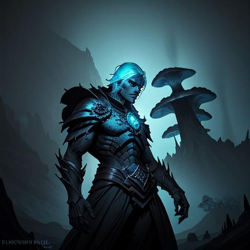 Menacing Drow Warrior in Bioluminescent Underdark