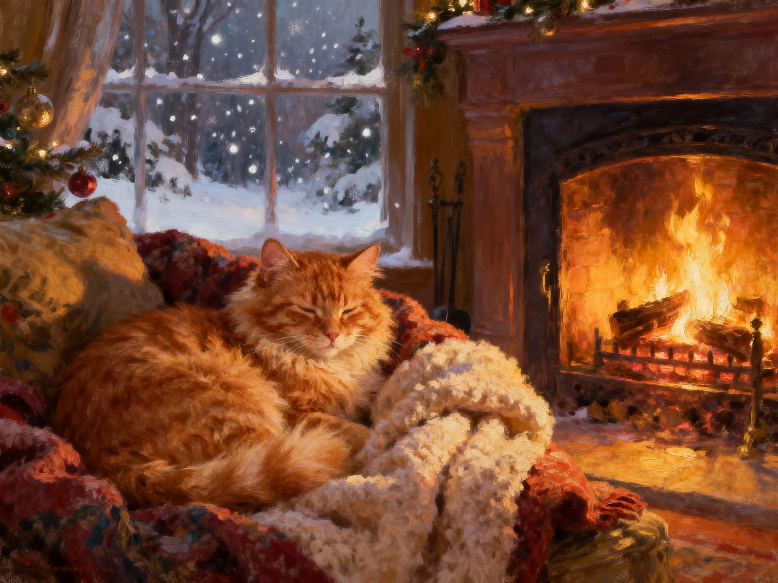 Cozy Ginger Cat by Fireplace in Winter Snowscape Oil Paintin...