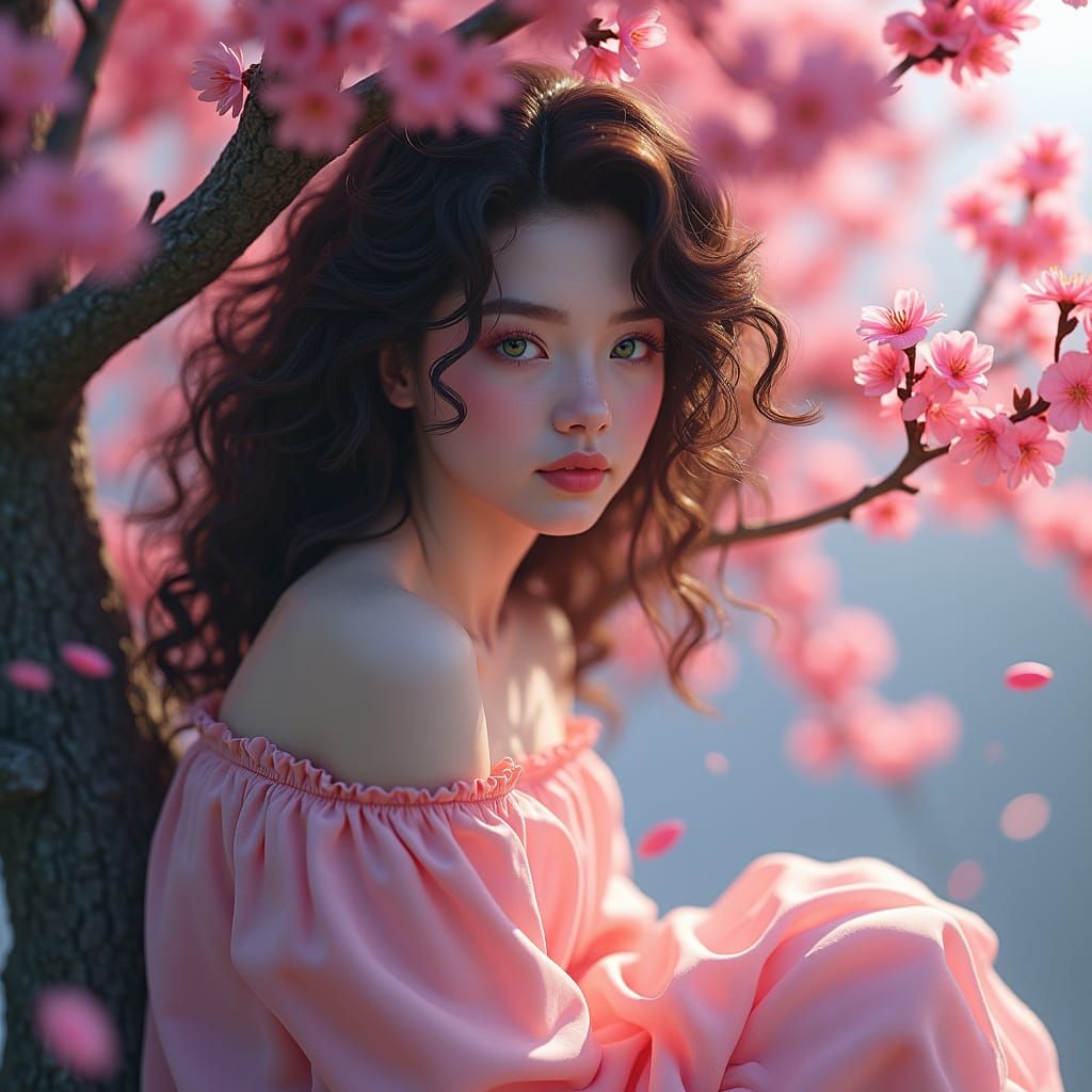 Woman Under Cherry Blossom in Fantasy Style