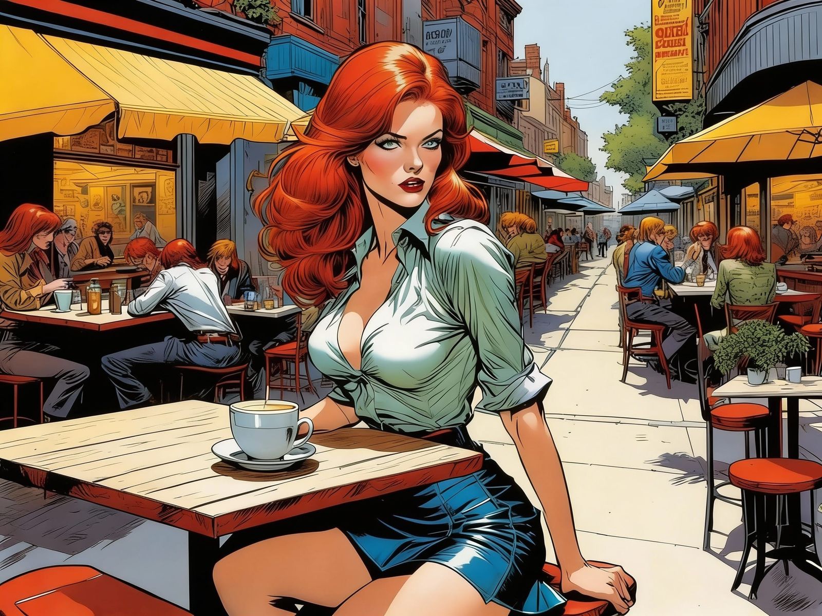 Attractive Redhead in Comic Book Style Street Cafe Scene
