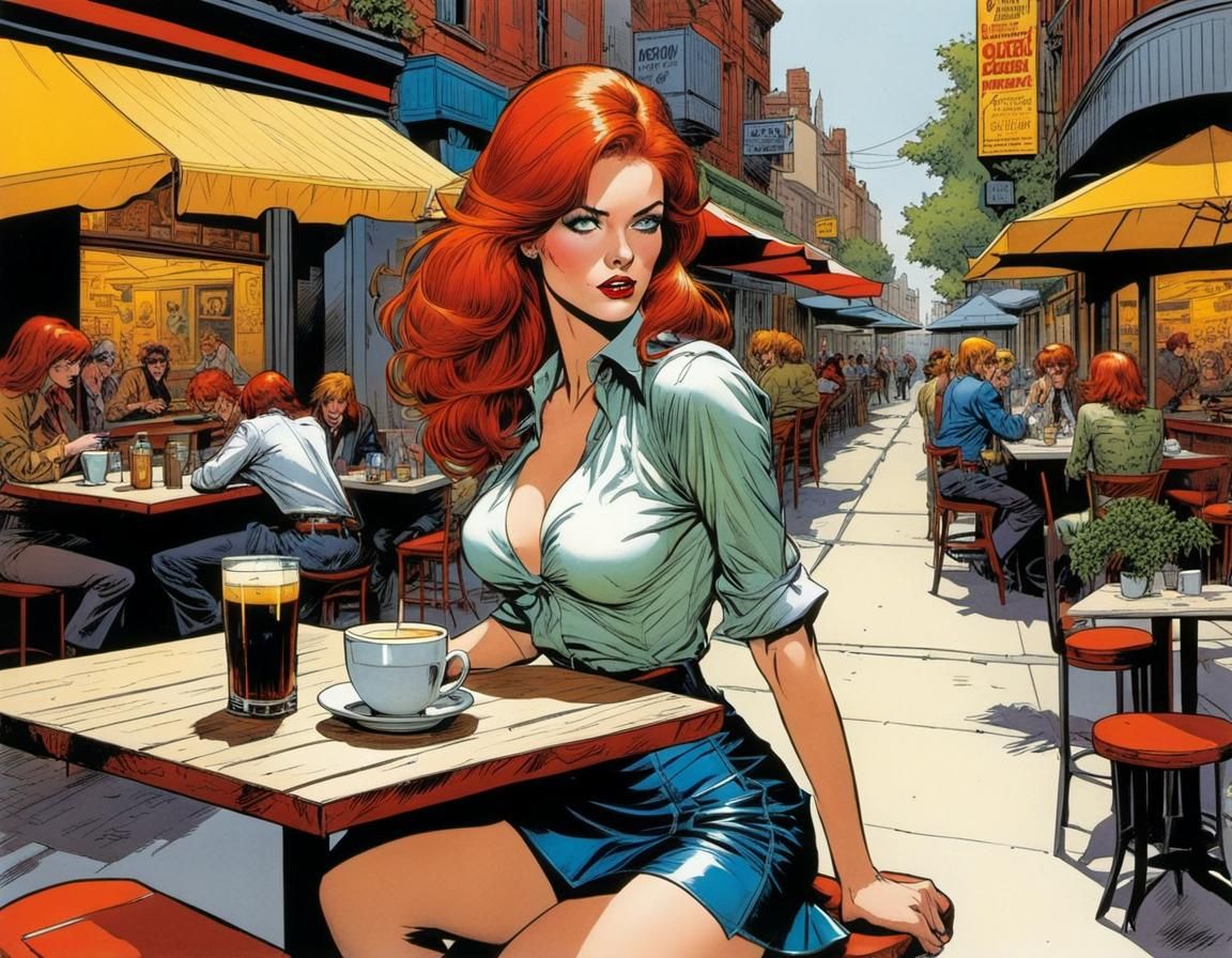 Attractive Redhead in Comic Book Style Street Cafe Scene