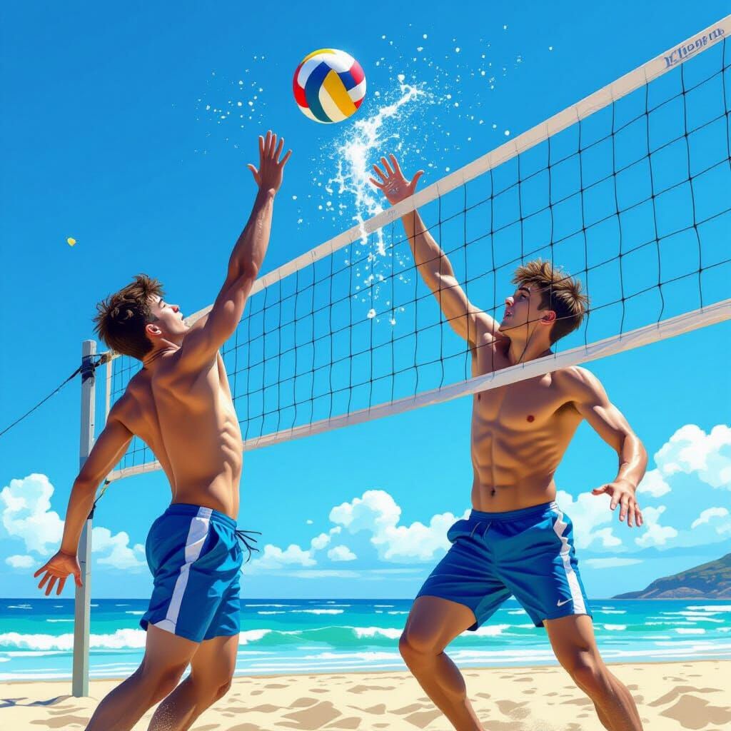 Athletes Play Volleyball on a Sunlit Beach