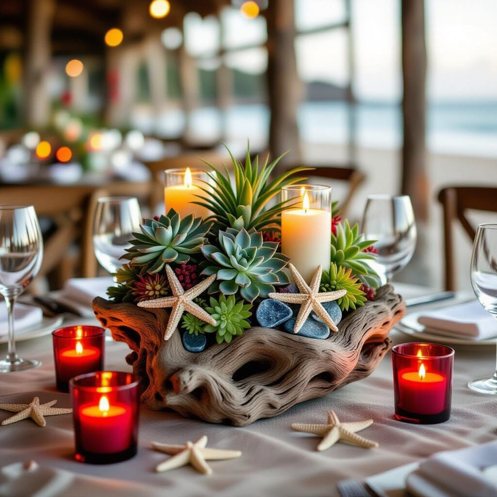 Beachside Centerpiece with Driftwood, Air Plants, and Sea Gl...