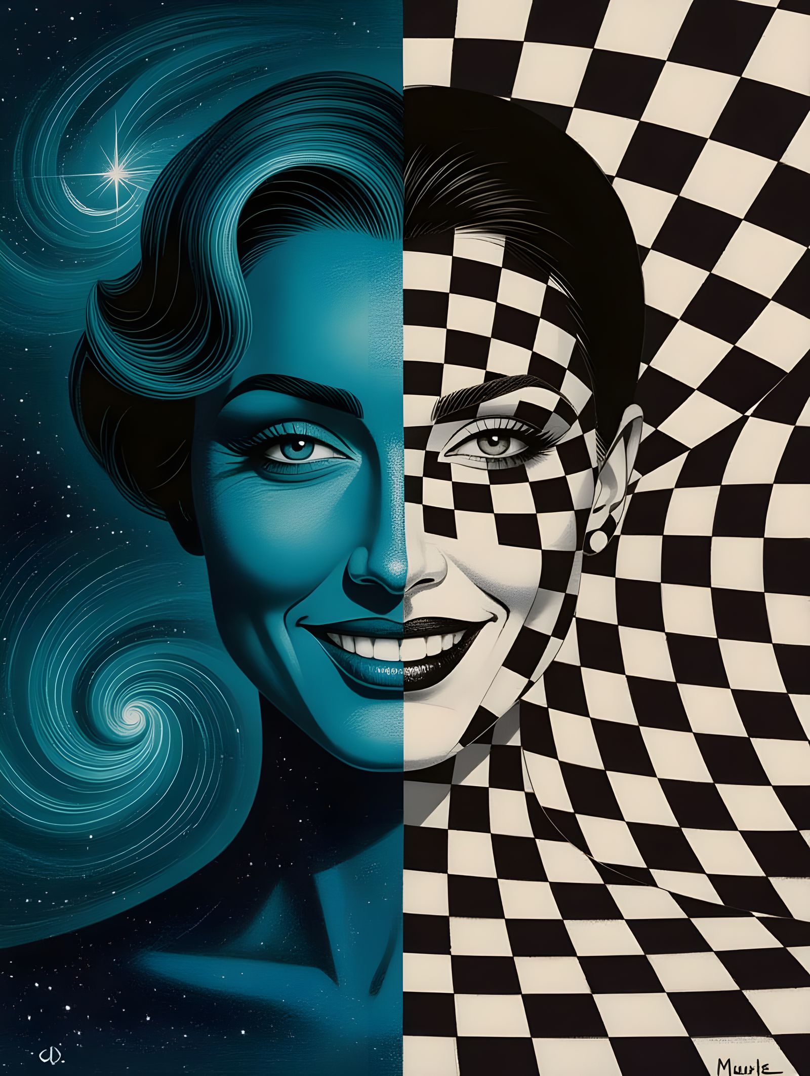 Enigmatic Woman in Starry Nocturne & Impossible Geometry