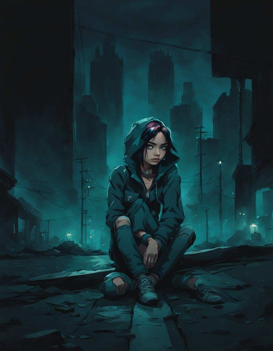 Cyberpunk Anime Girl in Dark Urban Landscape
