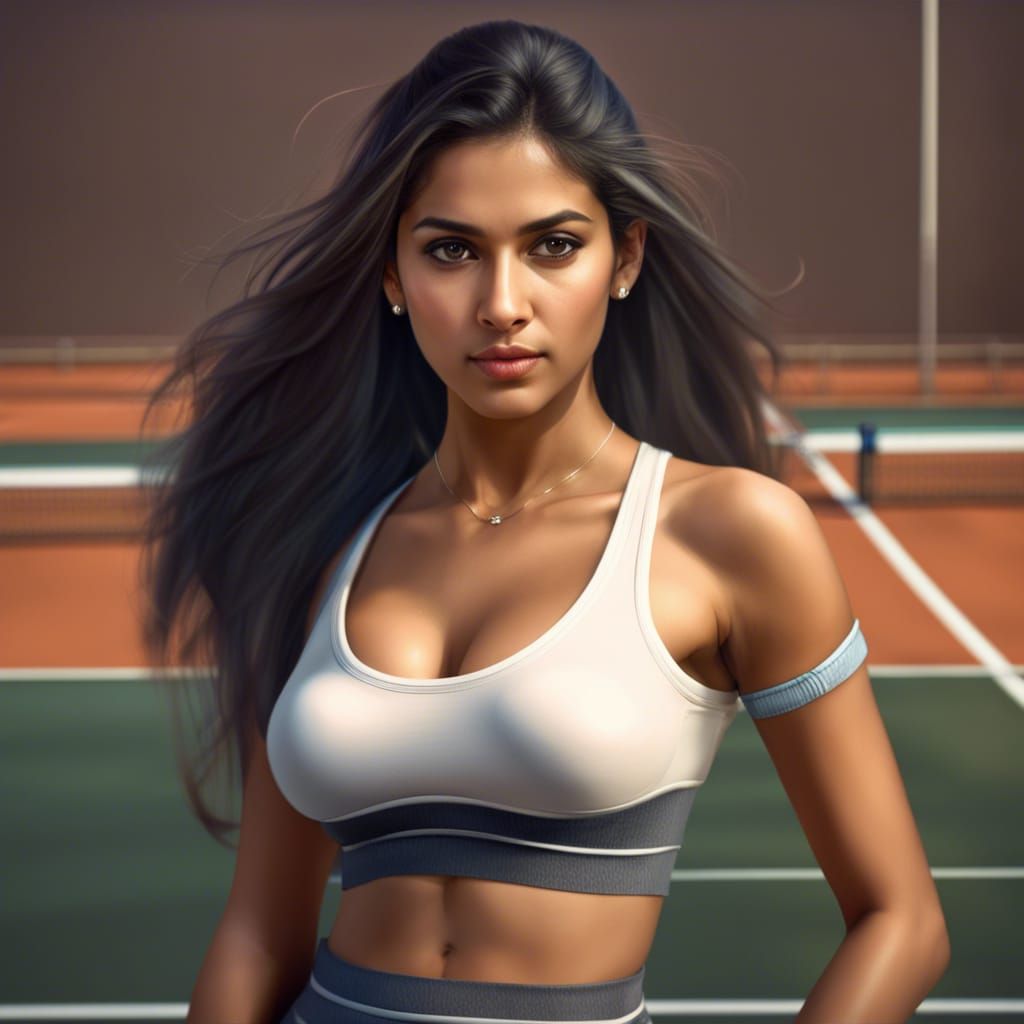 Beautiful Indian Girl on Tennis Court: Hyperrealistic Render