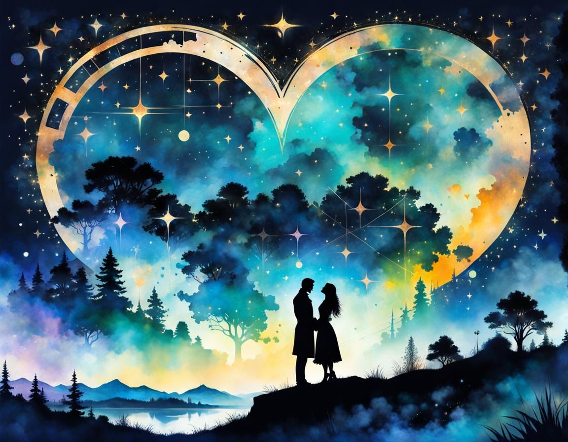 Romantic Couple Silhouette Under Heart Constellation