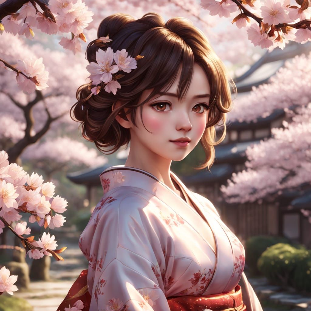 Anime Woman in Cherry Blossom Garden, Realistic Style