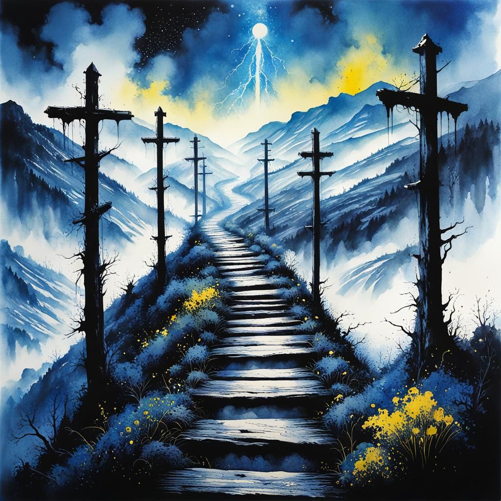 Misty Valley Path: Ink Splash Watercolor Art