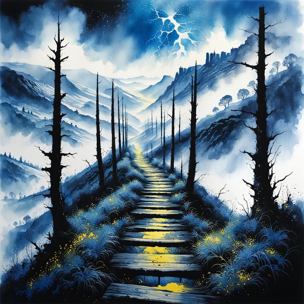 Misty Valley Path: Ink Splash Watercolor Art