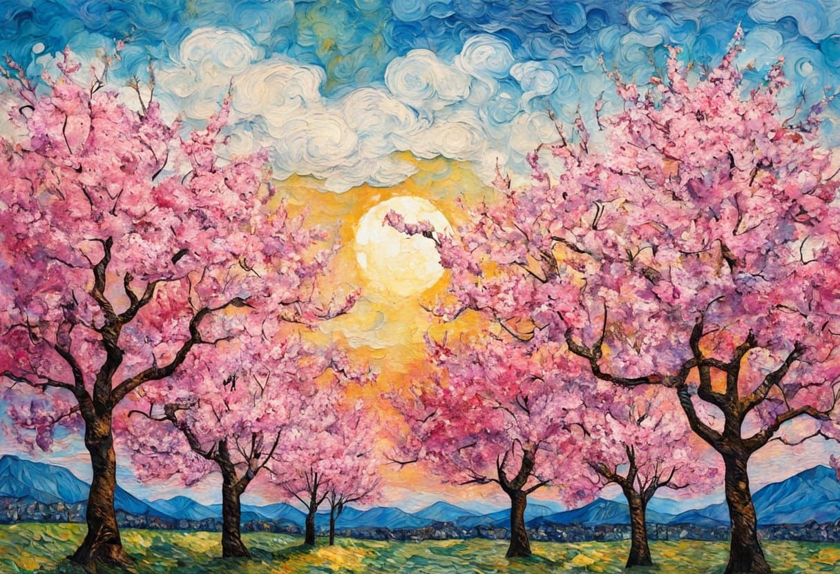 Surreal Cherry Blossom Landscape in Vibrant, Expressive Brus...