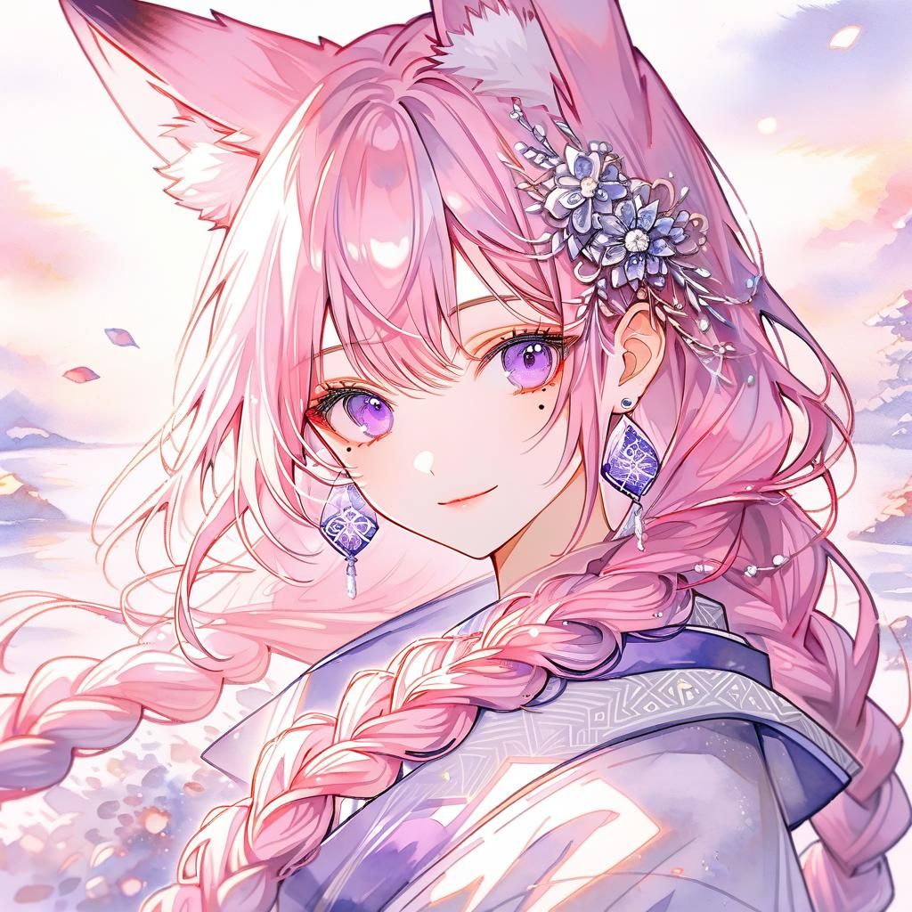 Anime Fox Girl Portrait in Watercolor Style