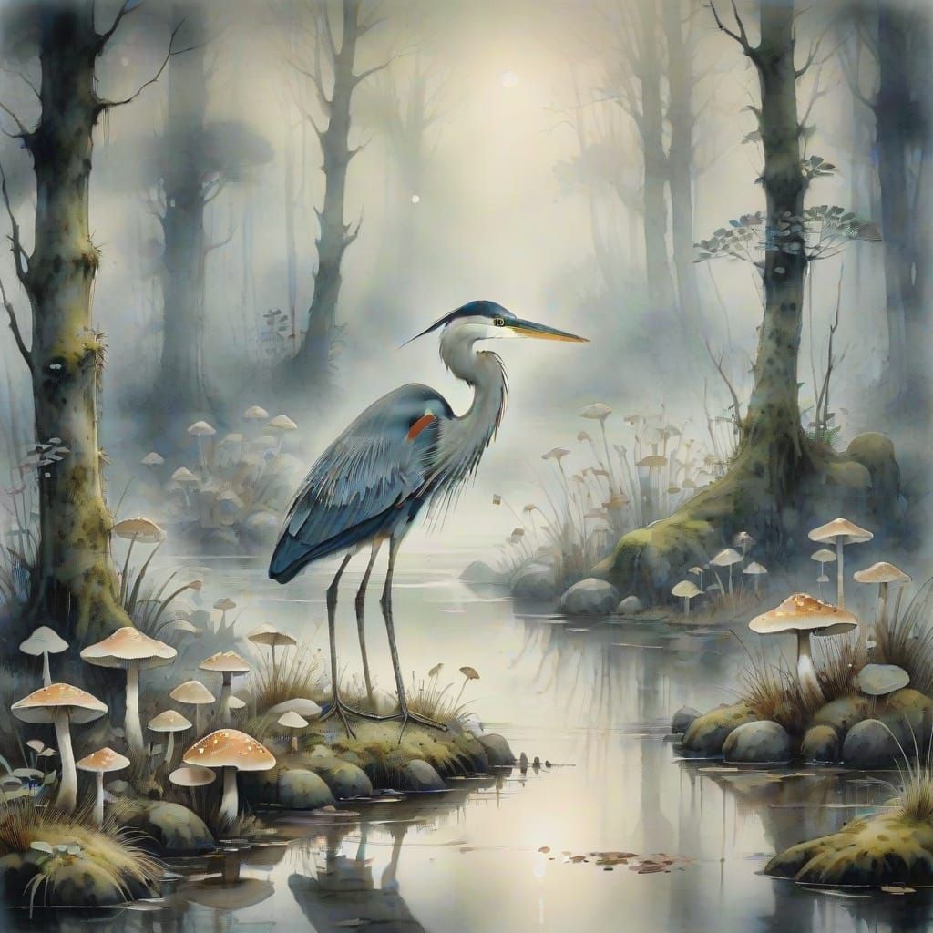 Ethereal Watercolour Swamp Woods with Heron and Mushrooms