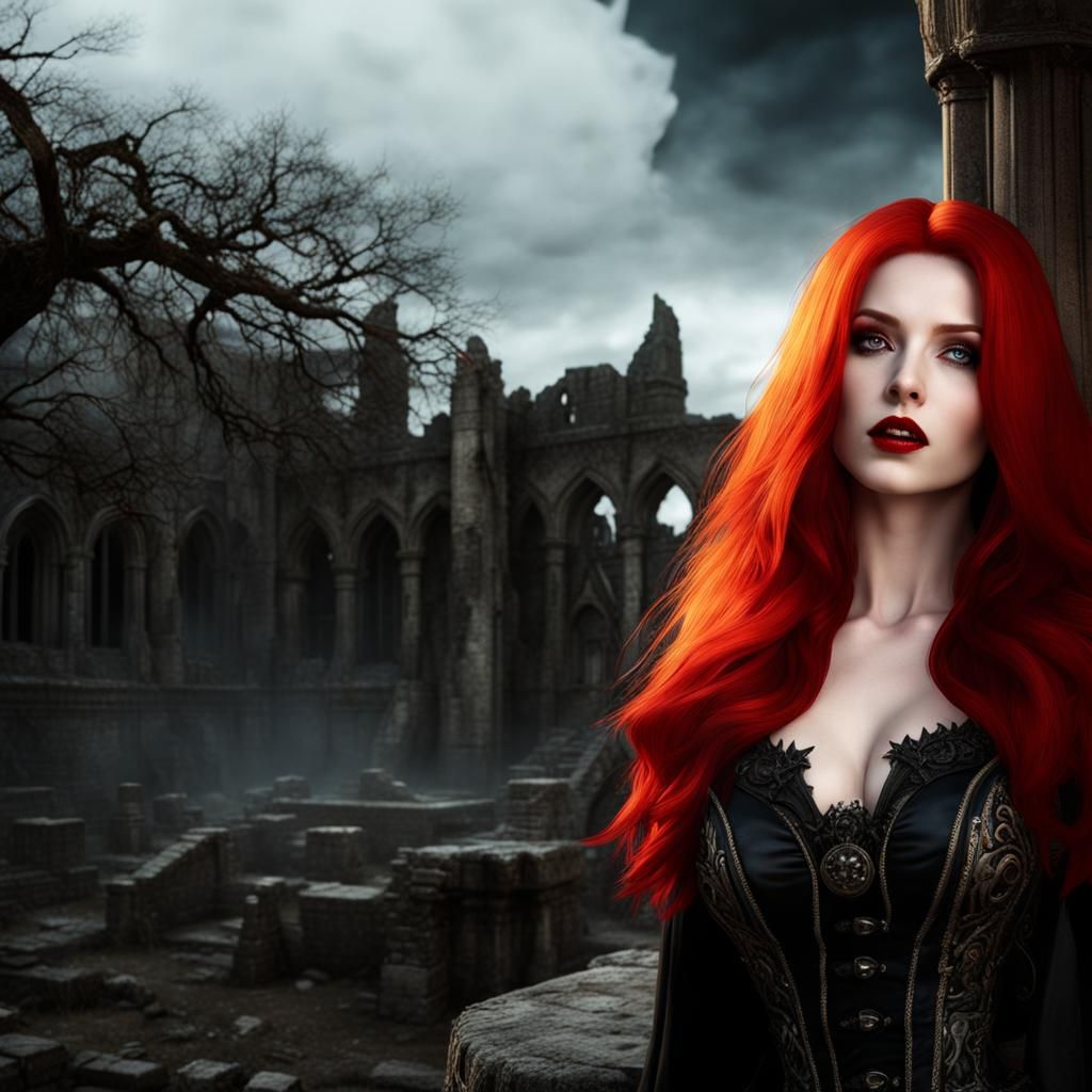 Redhead Vampire in Gothic City Ruins at Night