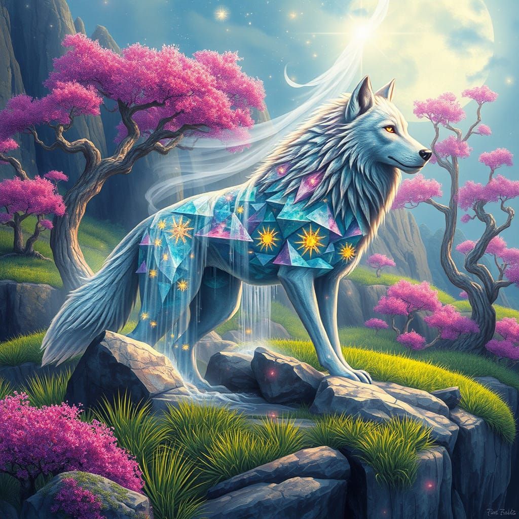 Cosmic Wolf Emerges from Ancient Rock in Vibrant Cosmic Land...