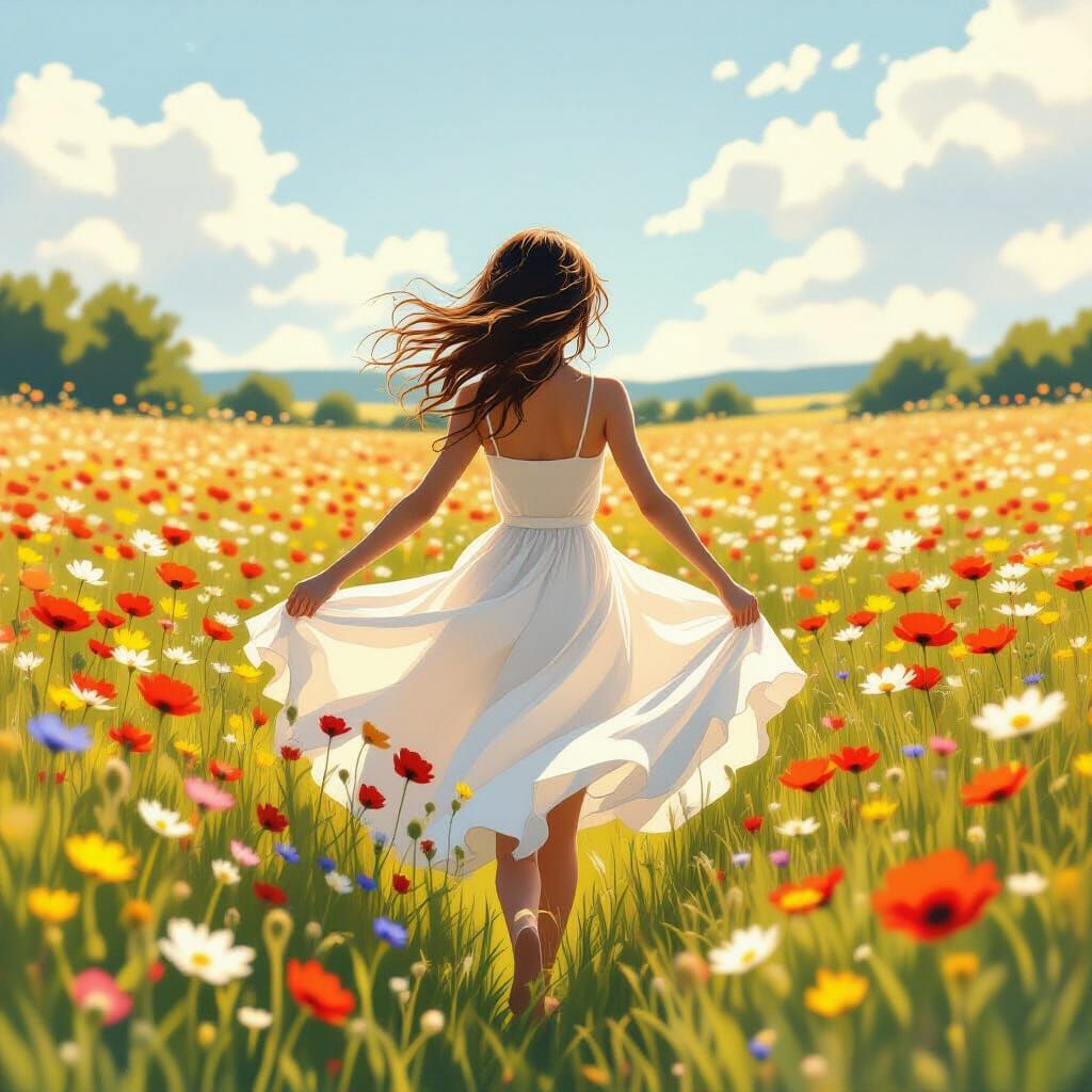 Girl Dancing in Wildflowers: Dreamy Animated Style