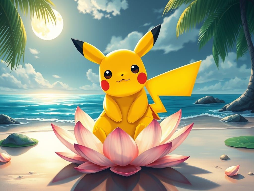 Pikachu Amidst Tropical Bloom in Dreamy Anime Style
