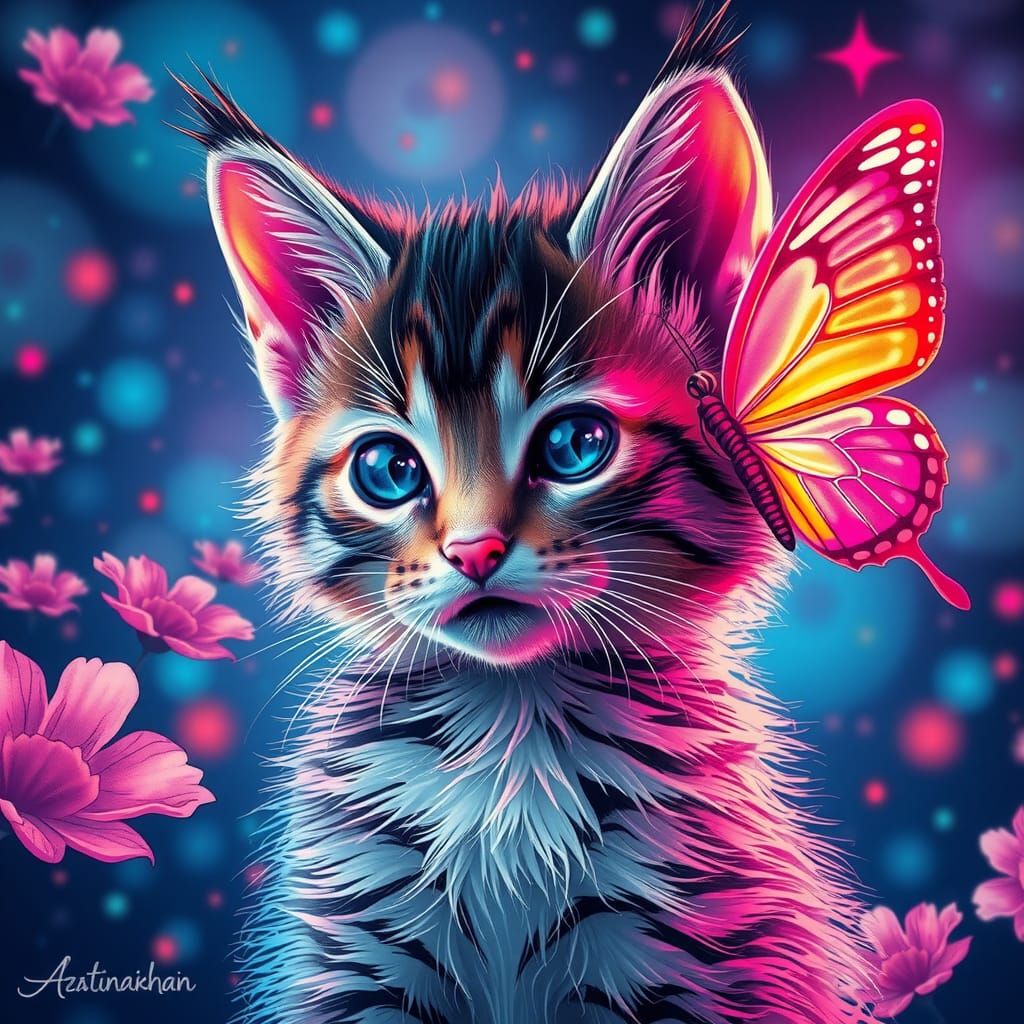 Kitten and Butterfly Fairy in Neon Surrealism