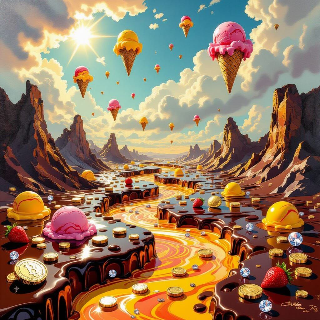 Surreal Chocolate River and Ice Cream Sky Landscape