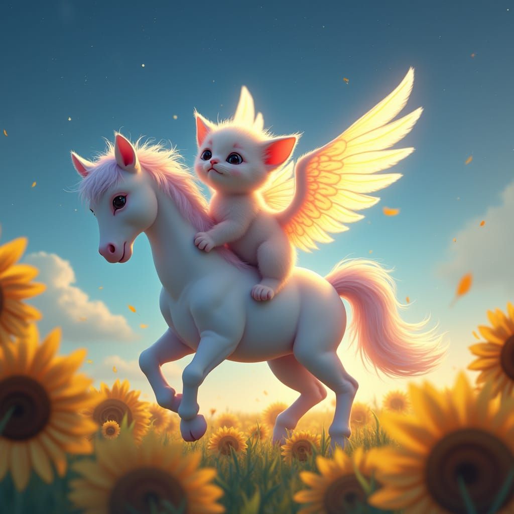 Majestic Kitten and Pegasus in Dreamlike Hyperrealism