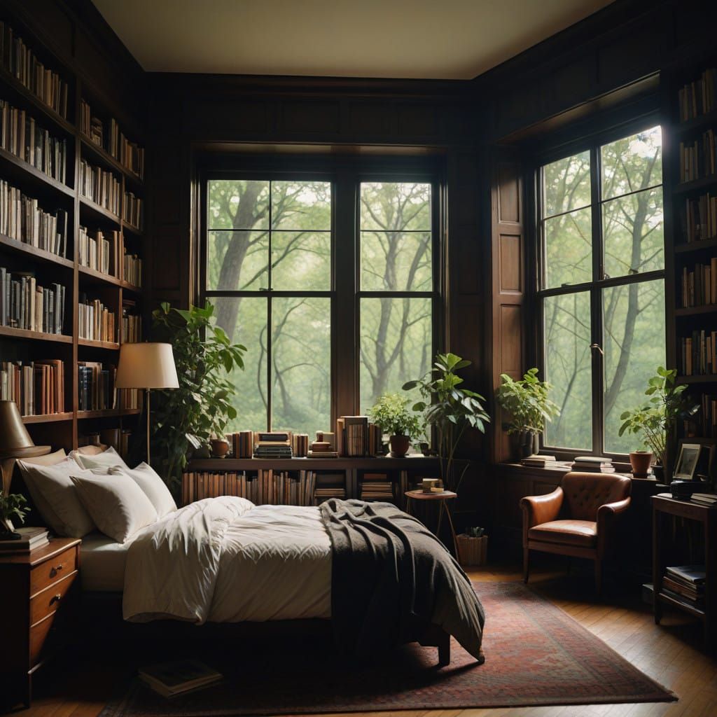 Lush Study Retreat with Plush Furnishings and Forest View