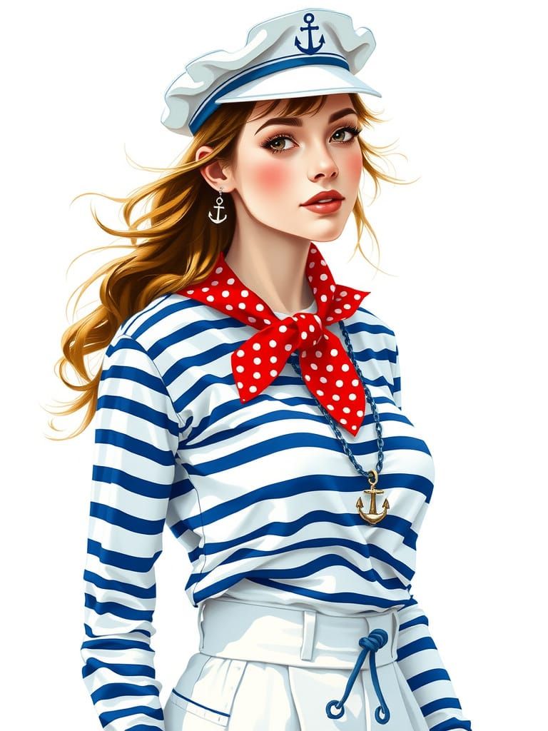 Nautical woman:
Outfit: Sailor-themed with navy and white striped shirts, flare pants, and neckerchiefs.
Accessories: Sa...