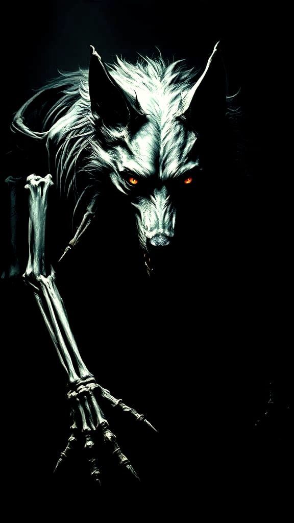 Spectral She-Wolf Emerges from Dark Abyss in Muted, Monochro...