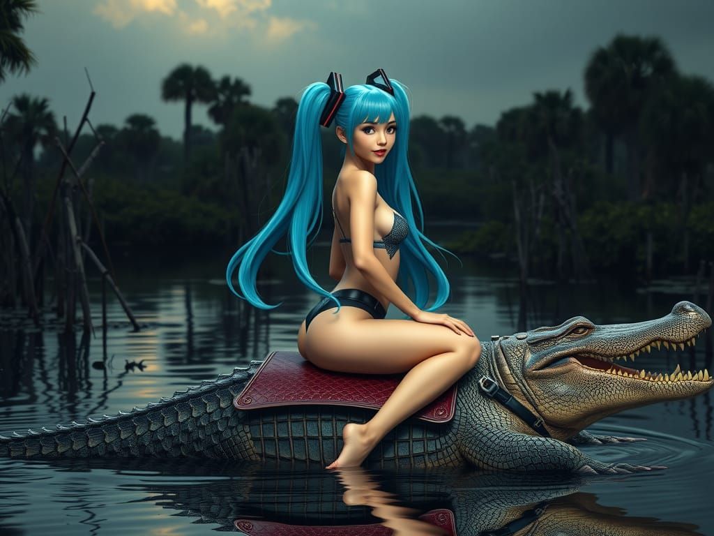 Photorealistic Anime Girl Rides Alligator Through Everglades
