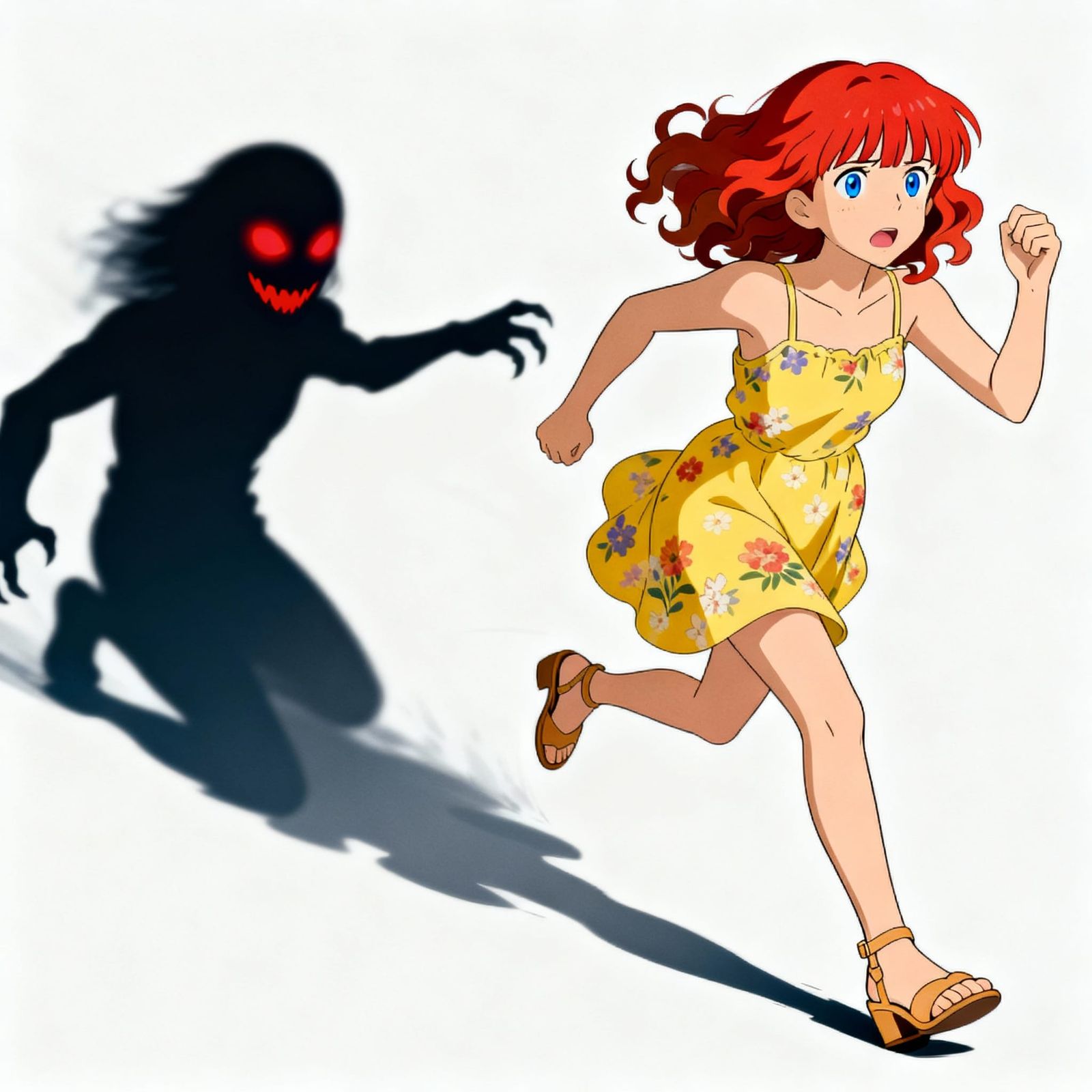 Woman Flees Sinister Shadow in Anime Style